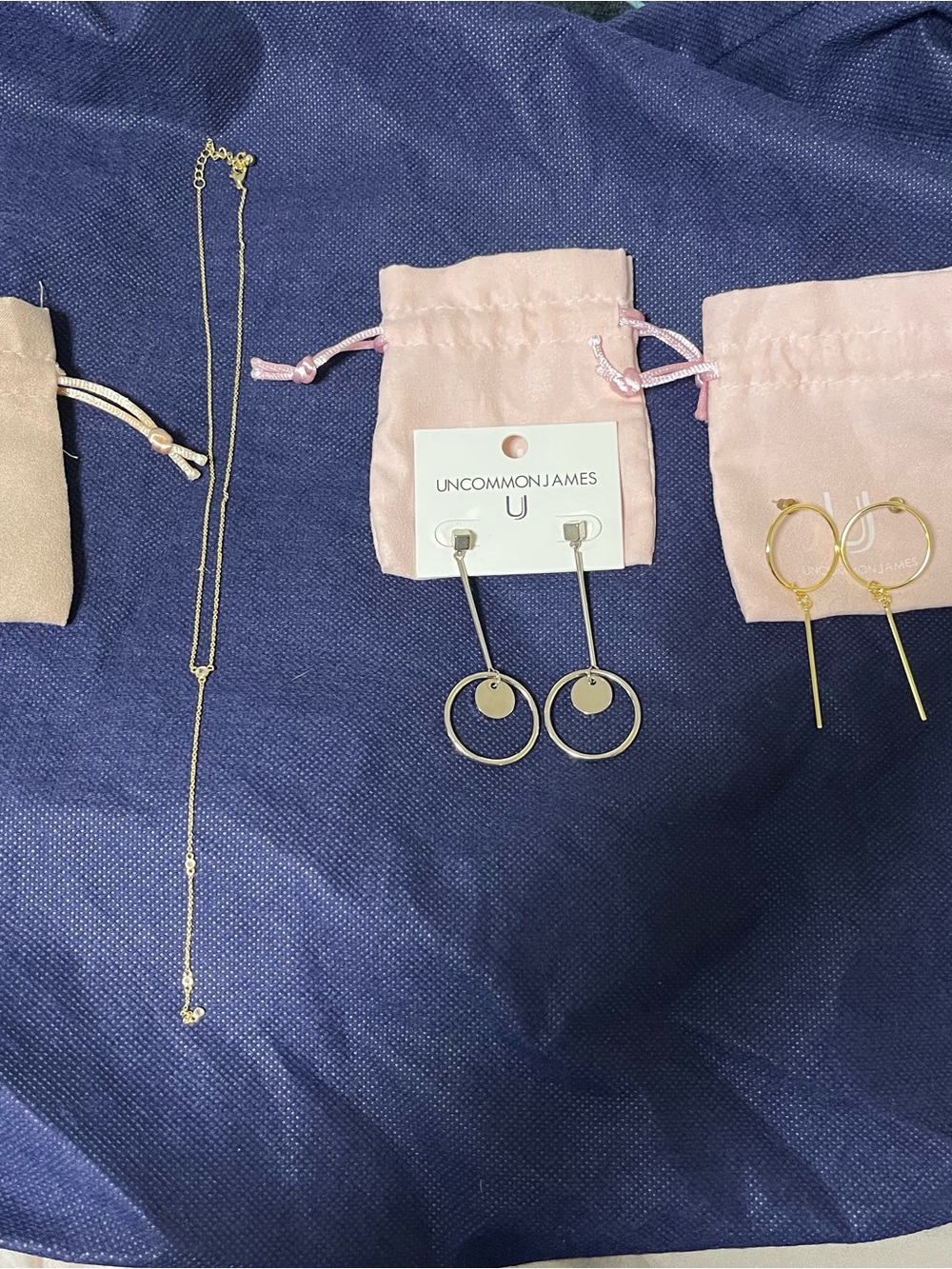 Uncommon James Gold Double Hoop Drop Earrings with Disc Accent
